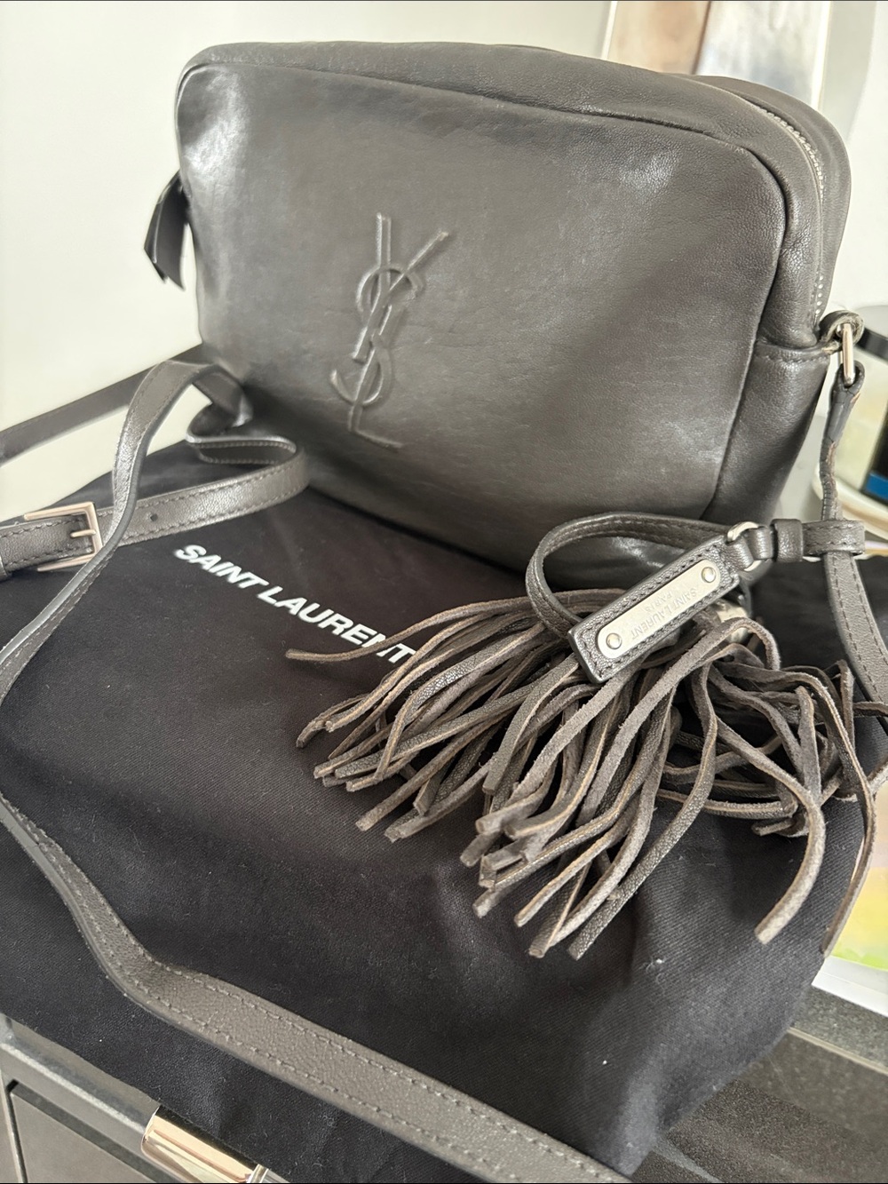 Saint Laurent Grey Leather Crossbody Camera Bag with Tassel Accent